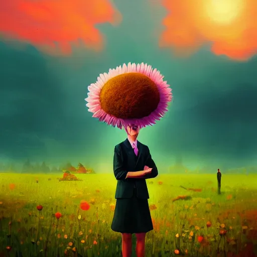 Image similar to giant daisy flower head, frontal, a girl in suit, surreal photography, sunrise, dramatic light, impressionist painting, digital painting, artstation, simon stalenhag