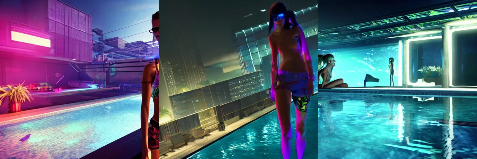 Prompt: A modern indoors pool party with cyberpunk illumination at night. With Cara Delevingne. GTA V In game render.