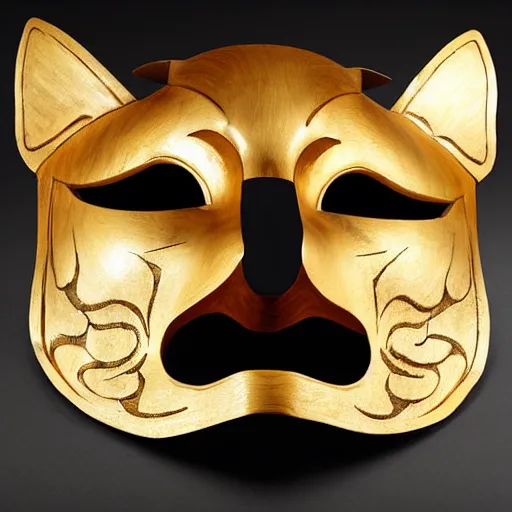 Image similar to a beautiful kitsune mask carved in wood with some gold leaf accents, made by tiffany & co