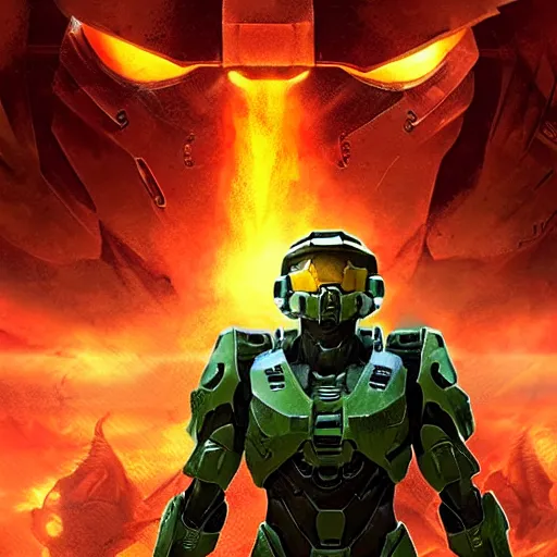 Image similar to digital art, trending on artstation, the master chief of halo fighting an army of aliens in hell.