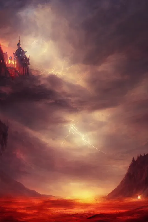 Image similar to breathtaking digital painting of a storm with dozens flying swords of light, in golden clouds in a desert castle, strokes of mist and scarlet ribbons, german romanticism style, volumetric lighting, concept art, matte, sharp focus, art by celestialfang, matchach, juanmao, dustin panzino, trending on artstation