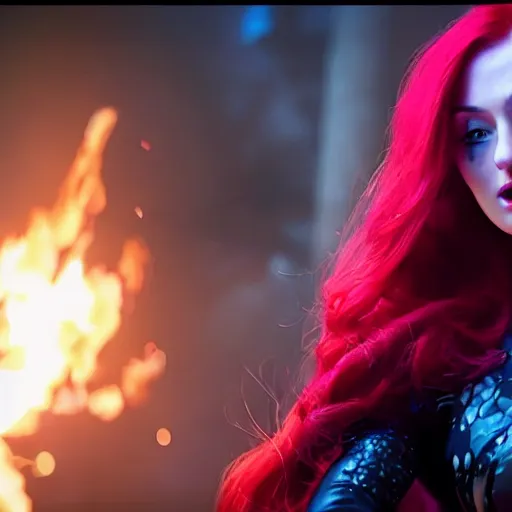 Prompt: an action shot of Sophie turner as Miss Fortune in League of Legends the movie, centered, 4K, cinema, imax, hyperreal