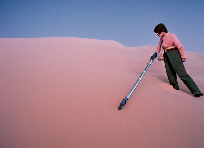 Image similar to detailed protrait photo of Luke skywalker vacuuming sand dunes. a pink dune, screenshot from the 1985 film, Photographed with Leica Summilux-M 24 mm lens, ISO 100, f/8, Portra 400