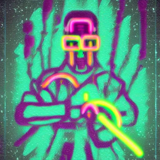 Image similar to neon rainbow samurai ghost of the rain, illustration, glitchart