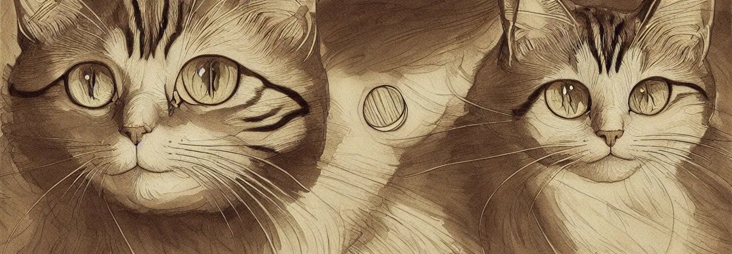 Prompt: beautiful cat with hundreds of spiral eyes, in acidic din, with soft light, symmetrical patterns, like leonardo da vinci sketches! in the style of studio ghibli, j. c. leyendecker, greg rutkowski, artgerm