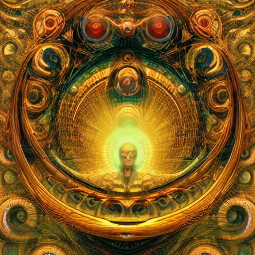 Image similar to a beautiful visionary portrait of Divine Chaos Engine by Karol Bak, Jean Deville, Gustav Klimt, and Vincent Van Gogh, sacred geometry, mystic, spiritual, fractal structures, ornate gilded medieval icon, third eye, spirals