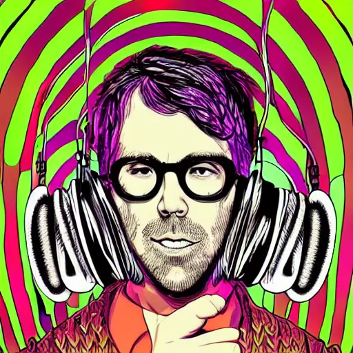 Image similar to artgerm, psychedelic ben folds, rocking out, headphones dj rave, digital artwork, r. crumb, svg vector