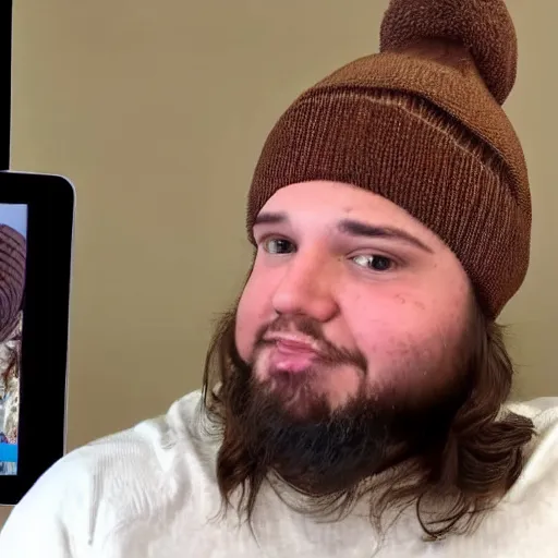 Image similar to chubby Jesus Christ wearing a brown beanie doing a livestream on YouTube