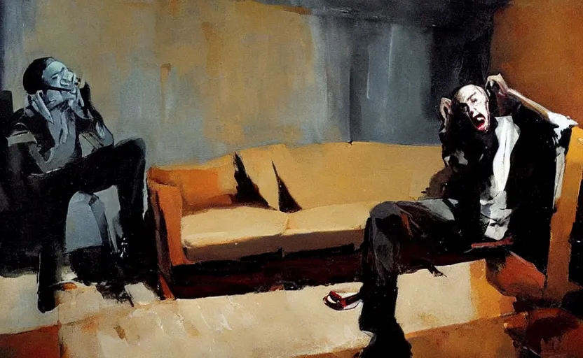 Image similar to a thin man screams at a telephone beside a sofa in a dark living room, painted by phil hale and rick berry and jeremy mann, highly detailed