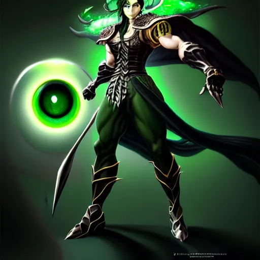 Image similar to a man with dark green hair, green glowing eyes what look like a clock, high detail clothing, fantasy, elegant, highly detailed, digital painting, artstation, concept art, smooth, sharp focus, illustration, artbook, dynamic pose, splash art, promo art, soul calibur, art by artgerm and greg rutkowski and bo chen and jin xiaodi