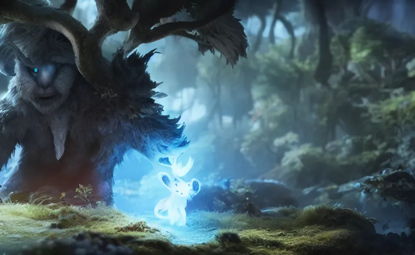 Prompt: ori and the will of the wisps, close up bokeh hiperrealistic, high detailled, darkness dramatic, sharp focus, octane render, imax