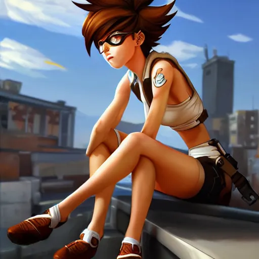 Image similar to digital artwork of tracer sitting on a rooftop, in the style of artgerm, detailed face, expressive face, sitting position, feminine face,