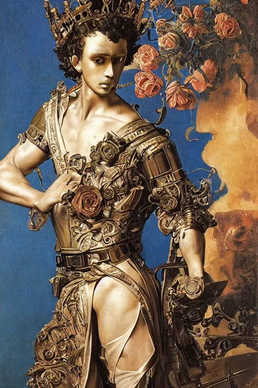 Prompt: a young handsome Spanish prince in a full-body bronze cyberpunk style statue of an android with glowing blue eyes with an open chest exposing a sparking motherboard chip, crown of peach roses, flowing teal-colored silk, fabric, flowers. baroque elements, human skull. full-length view. baroque element. intricate artwork by caravaggio. many many birds birds on background. Trending on artstation, octane render, cinematic lighting from the right, hyper realism, octane render, 8k, depth of field, 3D