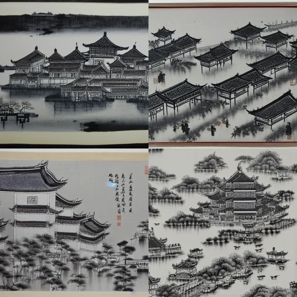 Prompt: a Chinese ink painting of Jiangnan water town with white walls and black tiles