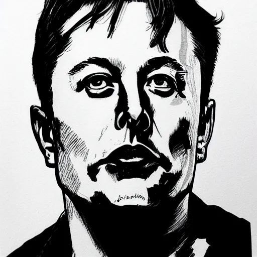 Prompt: Elon Musk portrait profile, black and white sketch, cellshaded, drawn in fine-tip pen, made by WLOP, trending on artstation
