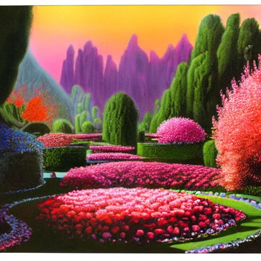 Image similar to flowery garden, matte painting from Fantasia (1940)