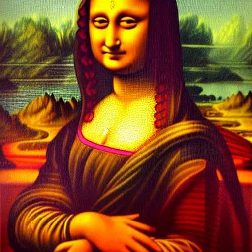 Image similar to an indian woman's painting in the style of mona lisa by leonardo da vinci