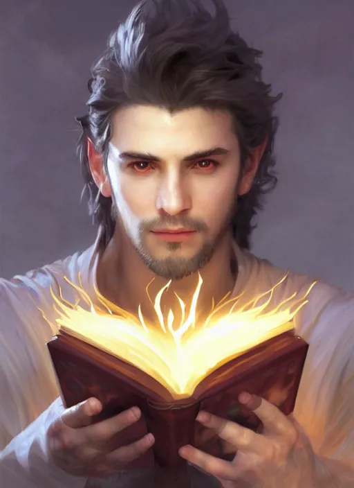 Image similar to character concept portrait of an attractive young Spanish wizard with white skin conjuring a fire spell, a floating iridescent spell book in the center, intricate, elegant, digital painting, concept art, smooth, sharp focus, illustration, from Metal Gear, by Ruan Jia and Mandy Jurgens and William-Adolphe Bouguereau, Artgerm