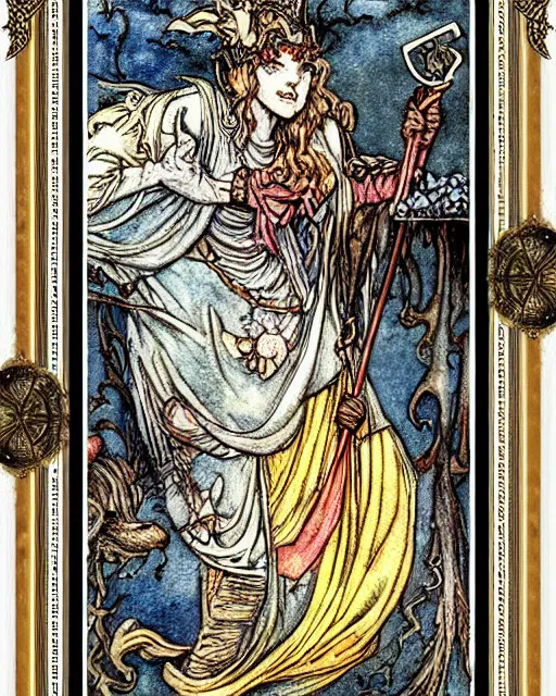 Image similar to tarot card, very detailed painting, illustration, colorful, tarot card ornate frame with roman numerals, in style of Arthur Rackham