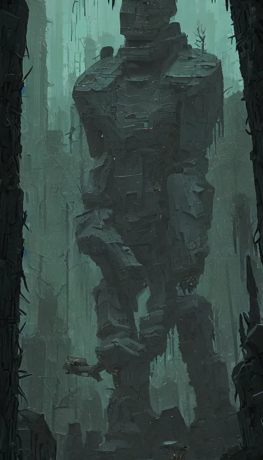 Image similar to stone golem, true evil, dormant, cyberpunk forest, nearby, sharp focus, james gilleard, cinematic, game art, extremely detailed digital painting, print