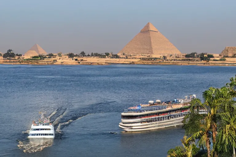 Image similar to realistic photo of the river nile, with the pyramids of giza in the background, a river flowing through the scene, cruise ship in the foreground, sunshine