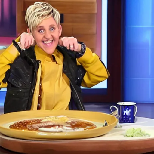 Image similar to Ellen DeGeneres cosplaying as Naruto and eating ramen noodles, absurd, surreal, high quality