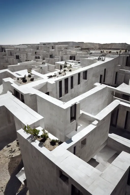 Image similar to habitat 6 7, white lego terraced architecture hotel in the dessert, many plants and infinite pool