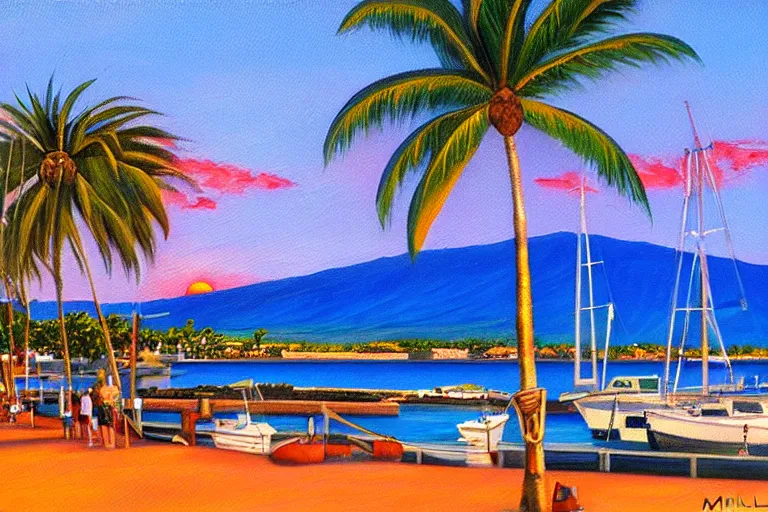 Image similar to Lahaina Maui harbor, sunset with palms, by Miyazaki, oil painting