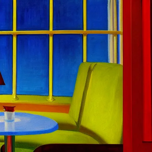 Prompt: the corner booth at a greasy diner on the moon, edward hopper painting, iconic, stunning light