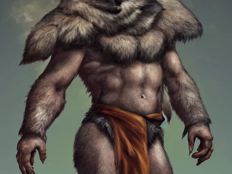 Image similar to burly tough character feature portrait of the anthro male anthropomorphic wolf fursona animal person wearing tribal primitive caveman loincloth outfit belt standing in the entrance to the cave, center framed character design stylized by charlie bowater, ross tran, artgerm, makoto shinkai, detailed, soft lighting, rendered in octane