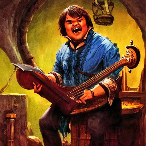 Image similar to D&D character jack black as bard in a tavern playing a bad song designed by Bruce Pennington painted by Ed Emshwille Graphic novel