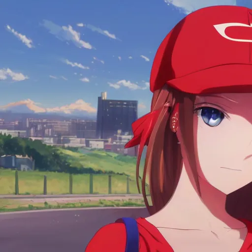 Image similar to close up of a high definition anime girl with a red cap in a red bike with the word \'rappi\' in it with armenia quindio in the background , Artwork by Makoto Shinkai, pixiv, 8k, official media, wallpaper, hd