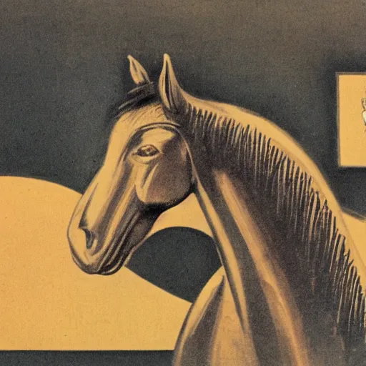 Image similar to vintage 1 9 5 0 s illustration of a horse sitting in baked beans