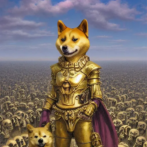 Image similar to anthropomorphic shiba inu, gold armor, standing on pile of skulls, graveyard full of bones and skulls, stuning fantasy 3 d render, masterpiece, glowing dark aura, by donato giancola and greg rutkowski and wayne barlow and zdzisław beksinski, realistic face