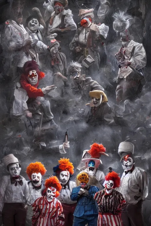 Prompt: a group of men dressed as clowns standing in front of a tv screen in a dark foggy alley, highly detailed, trending on artstation