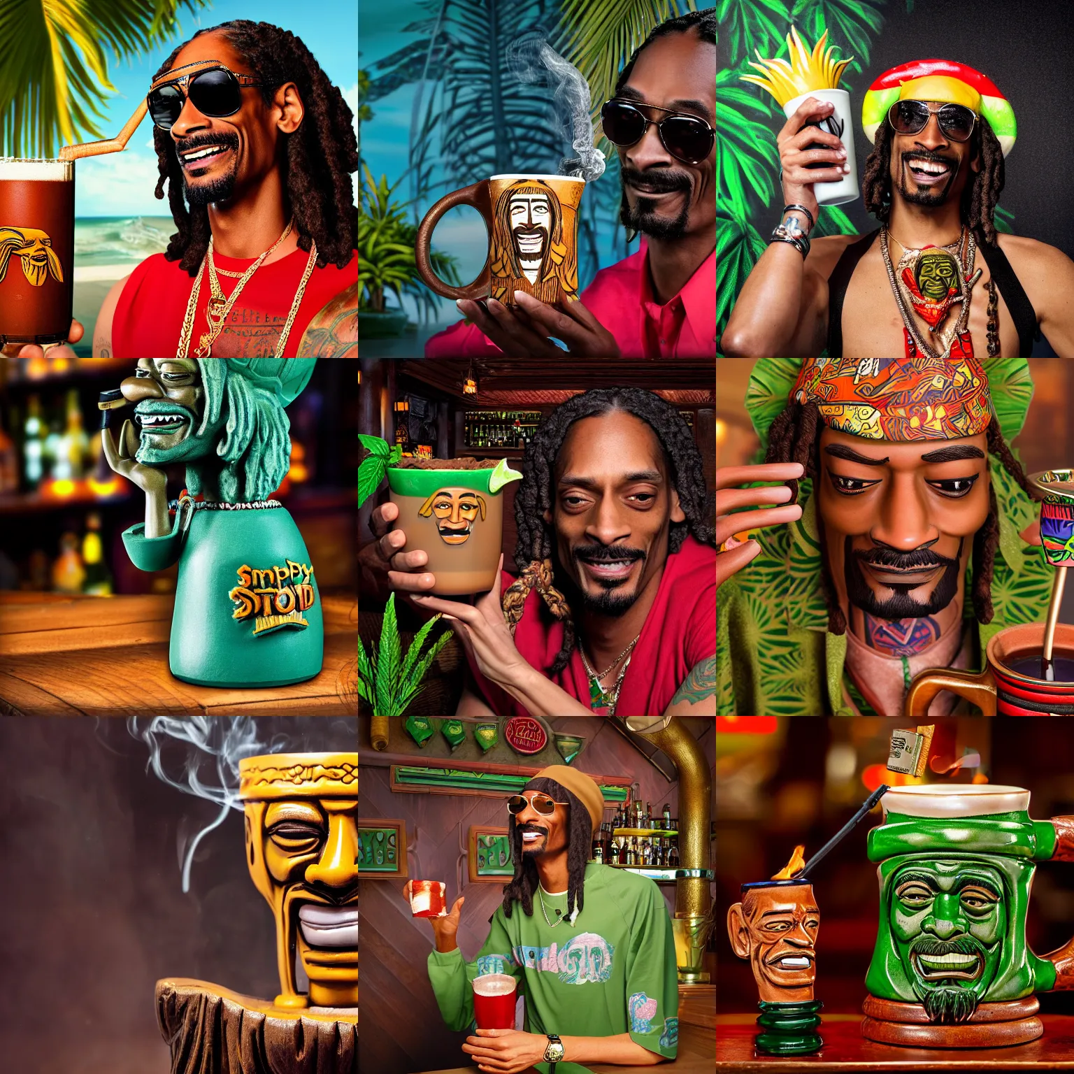 Prompt: a closeup photorealistic photograph of happy stoned blunt smoking snoop dogg at trader vic's bar holding up a trader vic's style tiki mug featuring snoop dogg's face. tiki culture. lit scene. 4 k hd image that's trending on artstation, featured on behance, well rendered, extra crisp, features epic composition and the style of unreal engine.