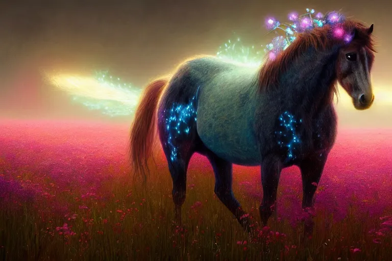 Prompt: a stunning digital painting of a horse with a mane of bioluminescent flowers running through a field of flowers by greg rutkowski, flowerpunk, volumetric light, digital art, fine detail, photorealistic