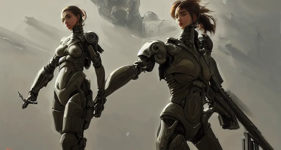 Image similar to a photorealistic painting of an attractive young girl, clothed in stealth-like battle armor, a giant sci-fi sniper rifle, olive skin, long dark hair, beautiful bone structure, symmetrical face, perfect eyes, intricate details, elegant, digital painting, illustration, sharp focus, minimal artifacts, from Metal Gear, in the style of Ruan Jia and Mandy Jurgens and Greg Rutkowski, trending on Artstation, award winning, unreal engine, octane render