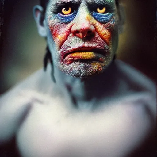 Image similar to a realistic photograph of a orc with colorful galaxy eyes taken by sally mann, portrait, foggy, hazy, muted colors, detailed, bleak, 70mm