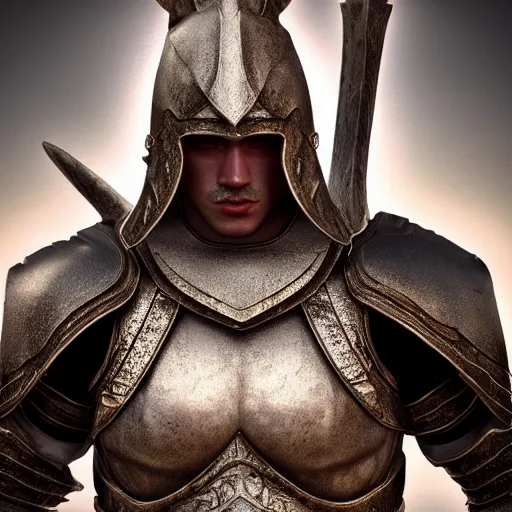 Image similar to stunning 3d render of a hyperrealistic fantasy warrior, male, highly detailed, cinematic