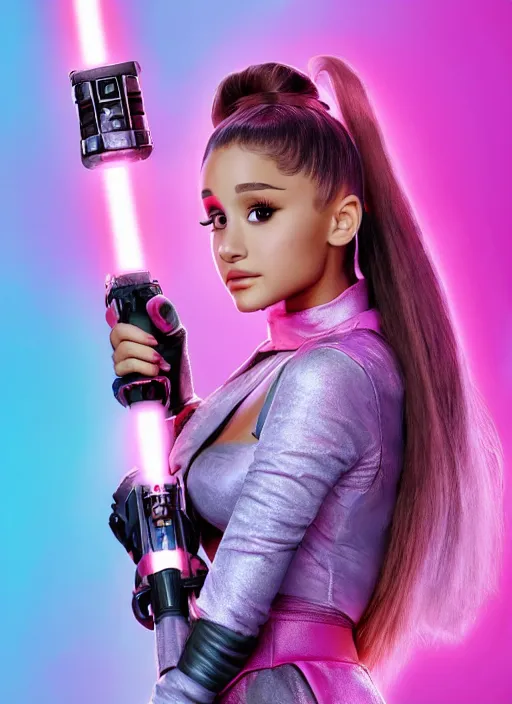 Image similar to An extremely detailed photo of Ariana Grande in the Star Wars universe holding the handles of two pink lightsabers held in each hand. Maximum detail on artstation, photo realism, vivd details, vivd colour, volumetric lighting