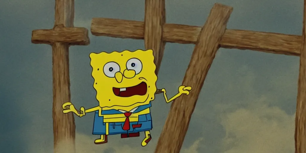 Prompt: spongebob being crucified as jesus christ in'spongejesus'( 2 0 2 3 ), movie still frame