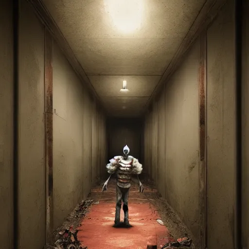 Image similar to michal karcz painting of pennywise standing in a liminal hallway. , horror theme, detailed, elegant, intricate, 4k,