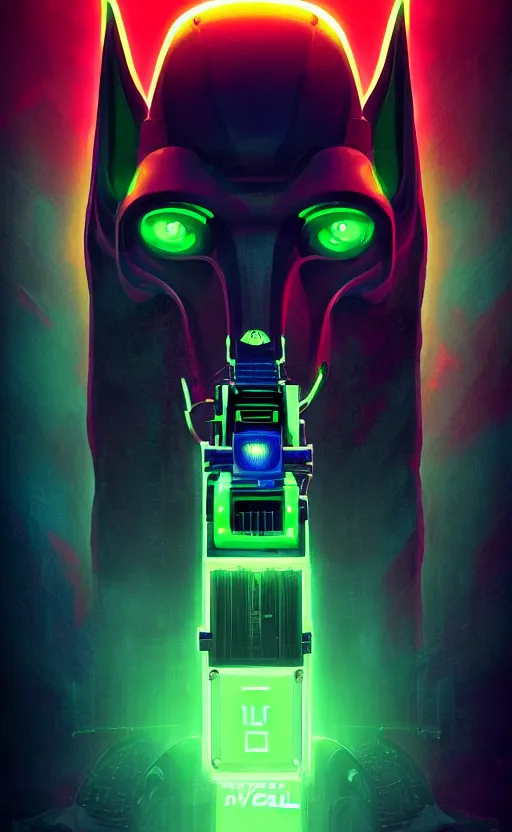 Image similar to poster style, a beautiful and terrifying painting with high details a digital portrait of cyber anubis with robotic jackal head in style of green neon, cyber noir, movie atmosphere, movie lights, 8 k, light effect, rtx on, trending on artstation, by kilian eng, lee madgwick, bastien lecouffe - deharme