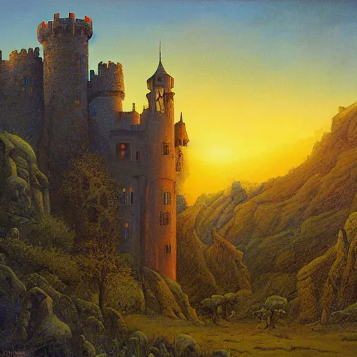 Prompt: haunted castle in a hill next to a giant valley, sunrise by gerald brom