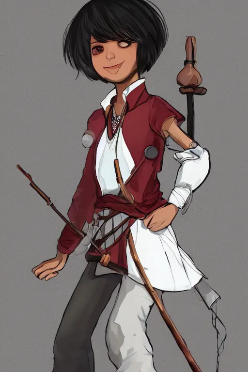 Image similar to young-looking dark-skinned female mage with brown bob-cut hair, wearing white shirt and necklace with grey short-sleeved jacket with red trim, belt, black pants and boots with red lacing, and carrying a wooden staff with floating red crystals. illustrated by Viorie