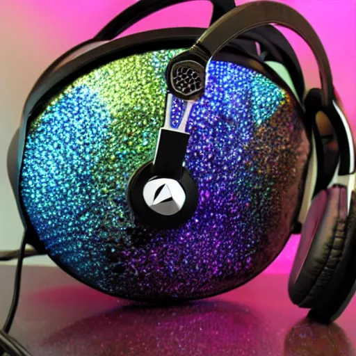 Image similar to photorealistic studio headphones covered in bismuth crystals