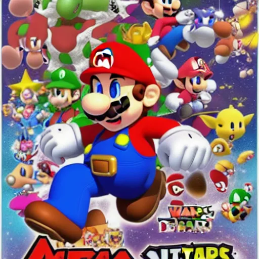 Image similar to super mario brothers and kirby super star ultra movie poster with pokemon super smash bros and princess peach star wars theme pokemon style detailed and accurate eyes