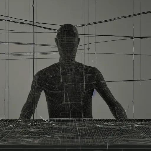 Image similar to experiments with lots of wires on a table, manipulated underneath by a mysterious figure in a vr mask, in the style of hiroya oku and chris cunningham, inspired by ilya kushinov, photorealistic, epic, super technical, 3 d render, 8 k