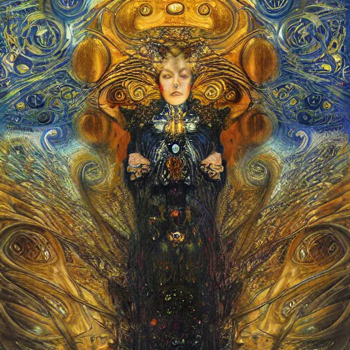 Image similar to Divine Chaos Engine by Karol Bak, Jean Deville, Gustav Klimt, and Vincent Van Gogh, celestial, visionary, sacred, fractal structures, ornate realistic gilded medieval icon, spirals, atmospheric